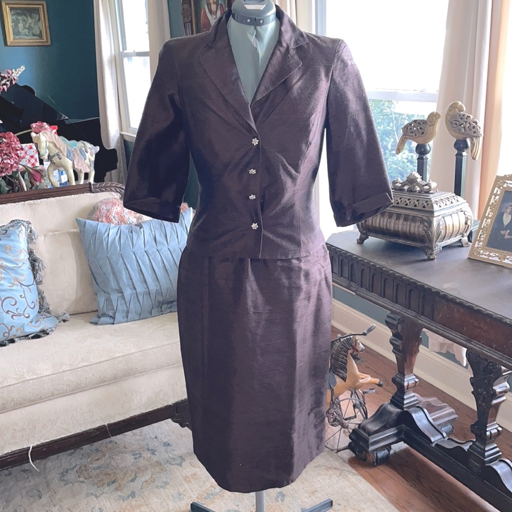 Chocolate Brown Dupioni Silk Skirt Set Rhinestone Buttons.
